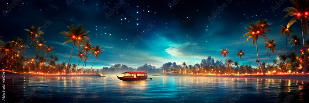 Obraz premium Christmas Eve on Island a tropical island transformed into a Christmas paradise, with palm trees adorned with twinkling lights