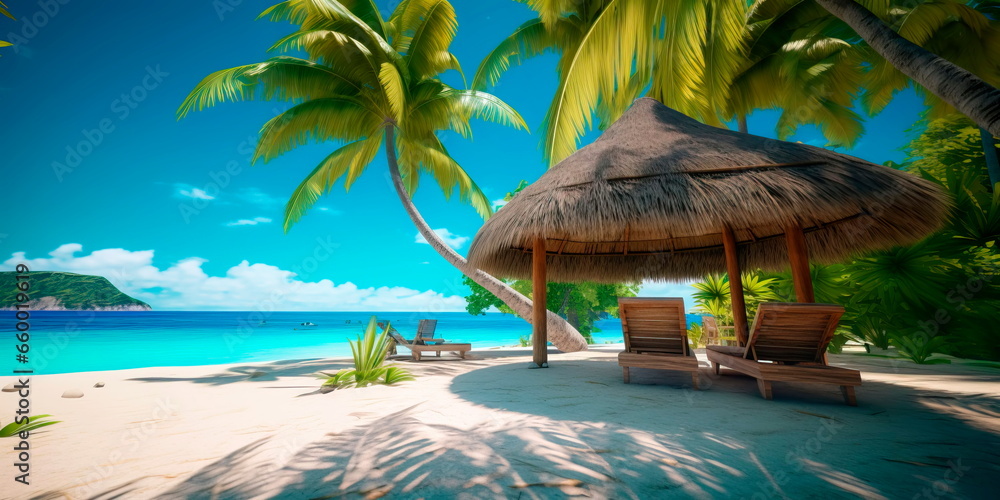 tropical island with palm trees, a pristine sandy beach, crystal-clear turquoise waters, and a couple lounging under a thatched beach umbrella. - obrazy, fototapety, plakaty 