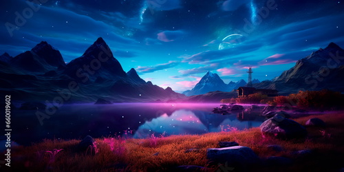 bioluminescent landscape daytime to nighttime in , highlighting the transformation of colors and moods. © Maximusdn