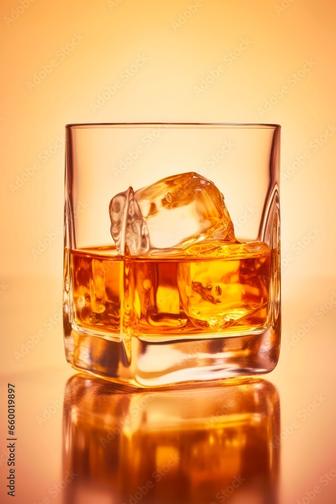 Glass of whiskey with ice cubes on golden background. Alcoholic drink (bourbon, scotch, brandy, cognac) with ice. Glass of whiskey with ice cubes on golden background. Alcoholic drink (bourbon, scotch, brandy, cognac) with ice.
