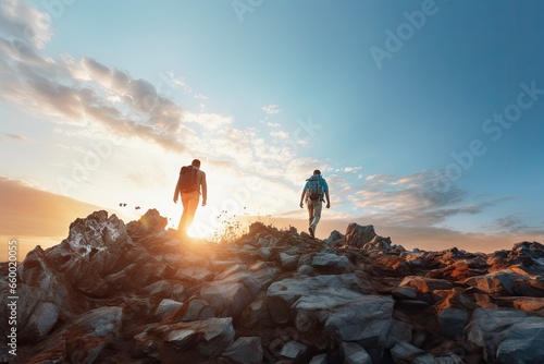 People hiking and trekking on the top of the mountain with sunlight and blue sky background.