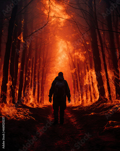 silhouette of a person in a fire forest  man walking through a darkness forest filled with flames   intense fiery wallpaper  devastated and alone man facing the disaster of nature