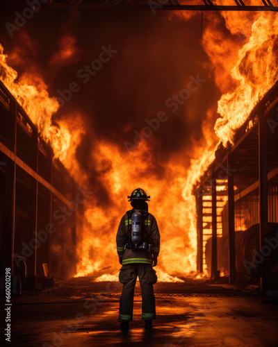 fireman in action, firefighter in front of a burning house 