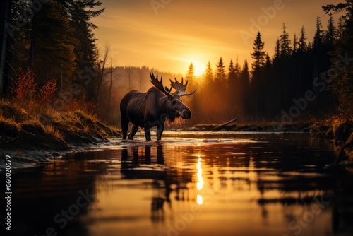 A bull moose standing in the edge of a river in the forest. Created with Generative AI