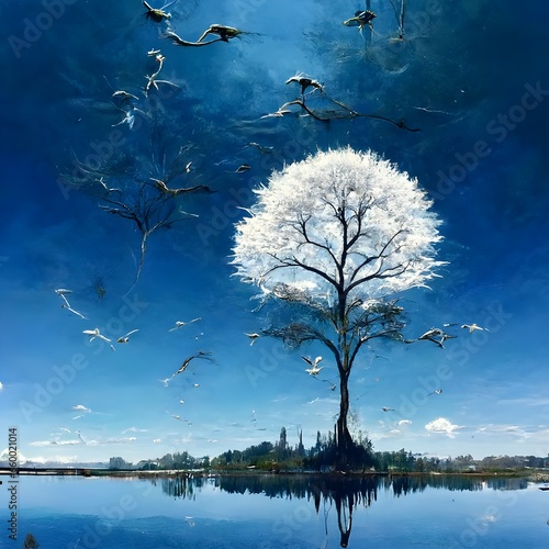 epic landscape tree of life floating on top of a lakewhite birds flying in blue beautiful sky mirrored ultra realistic detailed dynamic angle  photo