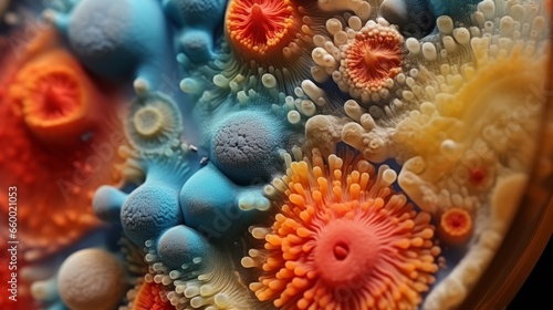 Microscopic close up microbes. Colony of microbes and bacteria