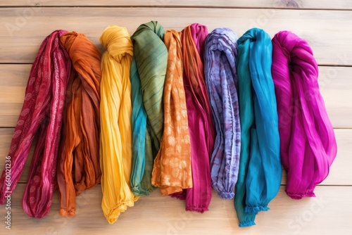 multiple colourful scarves arranged on a light wooden surface © Alfazet Chronicles