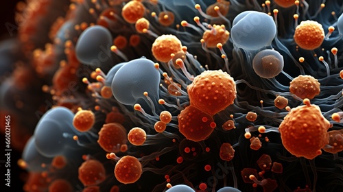 Microscopic close up microbes. Colony of microbes and bacteria photo
