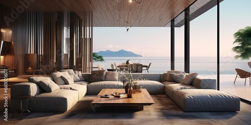 AI Generated. AI Generative. Luxury hotel villa house patio mansion style living relaxing room with big window and view on sea ocean landscape background.  Real estate agency template © Graphic Warrior