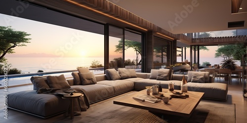 AI Generated. AI Generative. Luxury hotel villa house patio mansion style living relaxing room with big window and view on sea ocean landscape background.  Real estate agency template © Graphic Warrior