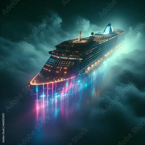 Neon Odyssey: Futuristic Cruise through Enigmatic Fog