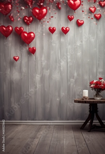 Red helium balloons on gray background with copy space. Table with candal and flowers on the side, Valentine's Day, anniversary.