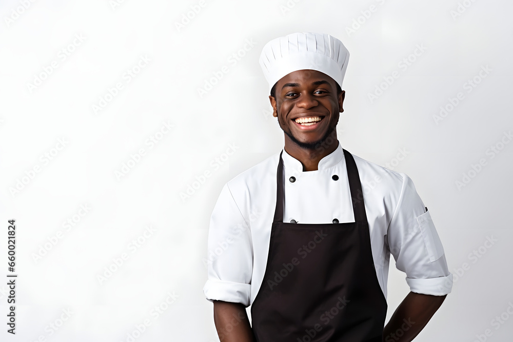 smiling black African-American chef in a white uniform with a black apron on a white background, copy the space smiling black African-American chef in a white uniform with a black apron on a white background, copy the space