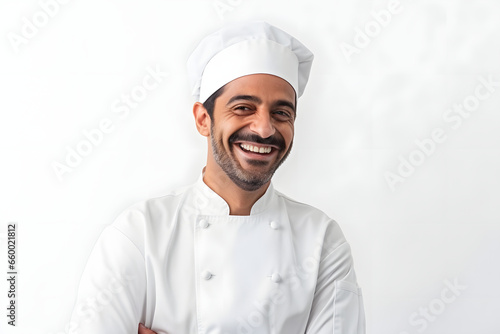 laughing, rejoicing middle-aged Turkish chef with a beard and mustache in a white uniform on a white background, copy the space photo