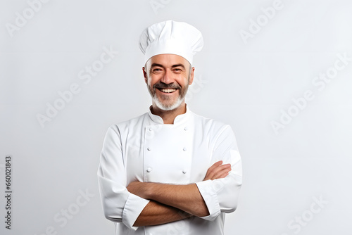 smiling middle-aged European chef in a white uniform with a gray beard, on a white background photo