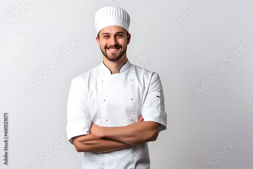photo of the chef of a smiling European chef in a white cap and white tunic with bent arms isolated on a white background