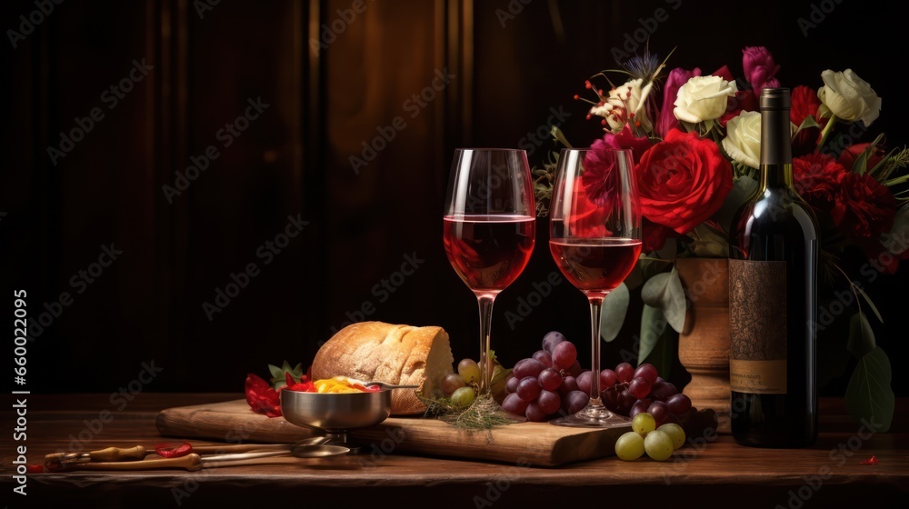 Glasses of wine, candles and roses on table against blurred lights. Romantic dinner for Valentine's day