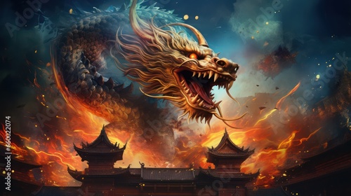 dragon in a fire dance against the background of Chinese architecture © Terablete