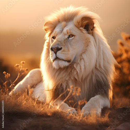 Portrait of white lion sitting in the sun for relaxation in savannah