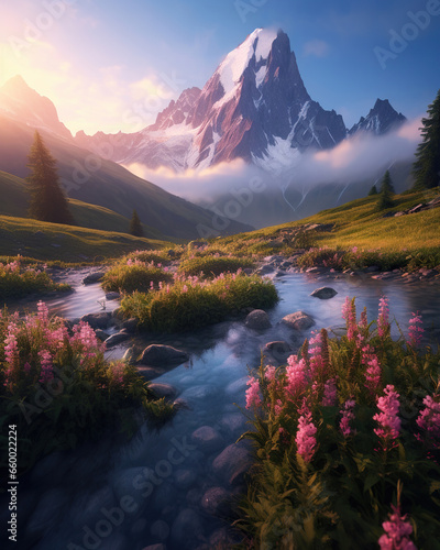 Serene Sunset in the Mountain Landscape,landscape with flowers,sunrise in the mountains