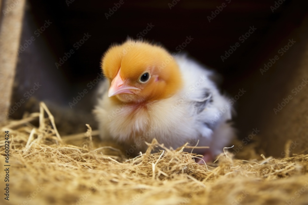 a chick nested comfortably in a chickens wing feathers