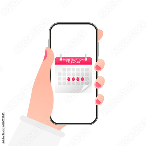 Menstruation cycle. Hands hold a calendar of women's periods. Menstrual phone app, ovulation check. Women's health. Vector illustration