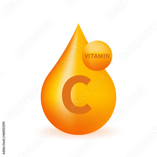 Vitamin C with realistic drop. Particles of vitamins in the middle. Multivitamin supplement. Essential vitamin complex. Healthy life concept. Vector illustration