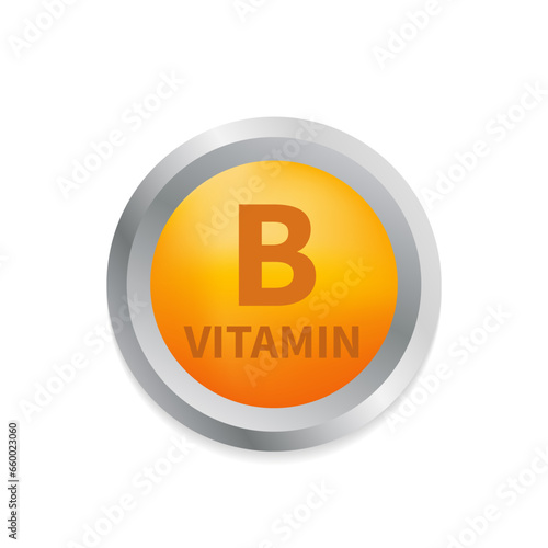 Vitamin B with realistic button. Particles of vitamins in the middle. Multivitamin supplement. Essential vitamin complex. Healthy life concept. Vector illustration