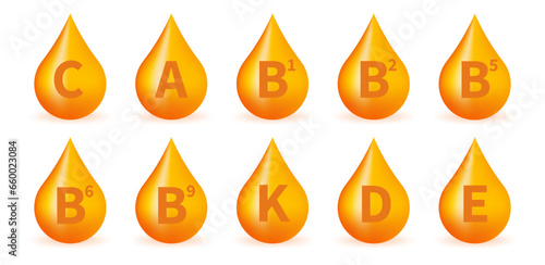 Set of Multi Vitamin complex icons. Multivitamin supplement. Vitamin A, B group B1, B2, B3, B5, B6, B9, B12, C, D, D3, E, K, H, K1. Essential vitamin complex. Healthy life concept. Vector illustration
