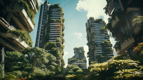 Green skyscraper building with plants growing on the facade. Ecology and green life in the city, urban environment concept. Park in the sky, one central building of the park © Terablete