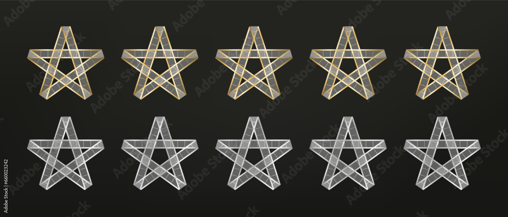 Filmstrip of five stars in gold and gray color isolated on white background. Film rating. Vintage style banner. Vector illustration