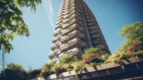 Green skyscraper building with plants growing on the facade. Ecology and green life in the city, urban environment concept. Park in the sky, one central building of the park