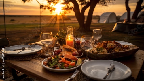 Dinner outdoors against the backdrop of nature and sunset