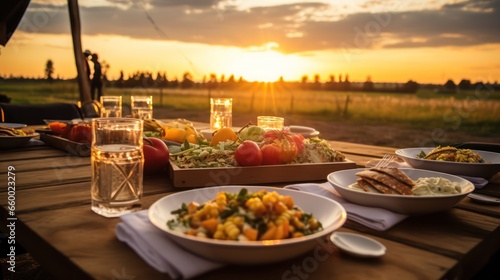 Dinner outdoors against the backdrop of nature and sunset