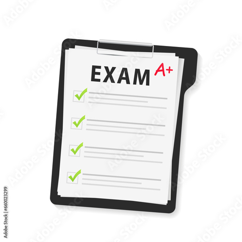 Exam paper with grade A plus. School examination. Quiz answer sheets and assessment of success results. Isolated on white background. Vector illustration