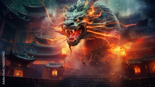 dragon in a fire dance against the background of Chinese architecture