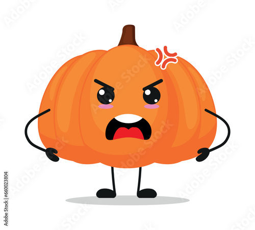 Cute angry pumpkin character. Funny mad fruit cartoon emoticon in flat style. closet vector illustration