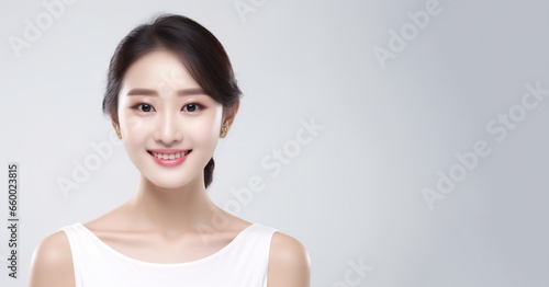 Portrait of young happy Chinese woman looks in camera, Skin care beauty, skincare cosmetics, dental concept isolated over white background.
