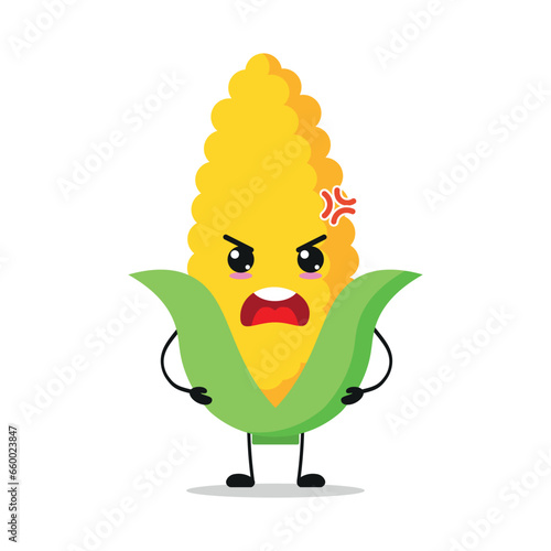 Cute angry corn character. Funny mad vegetable cartoon emoticon in flat style. closet vector illustration