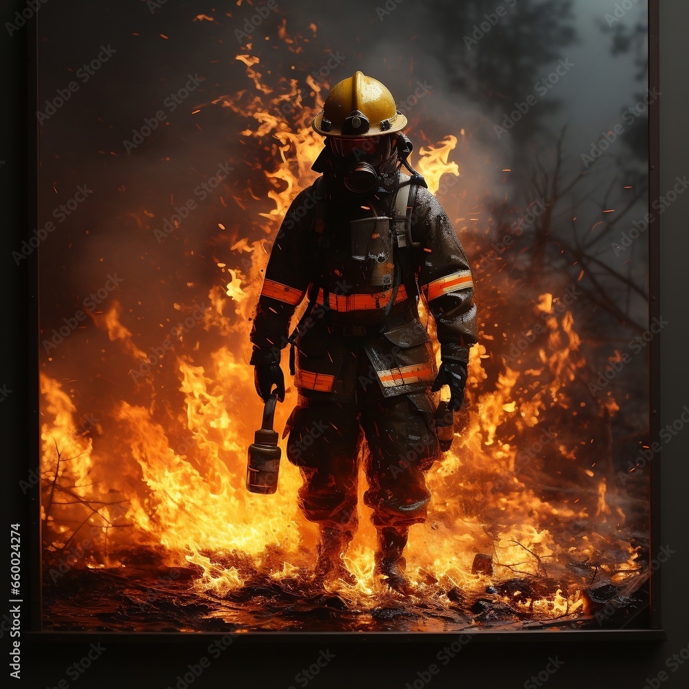 Naklejka premium Fire fighter spraying embers from a fire in the forest