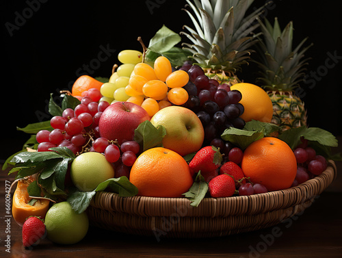 fruit basket on black background,Fruitful Abundance: A Basket of Assorted Delights,fruit basket with fruits,fruits and vegetables