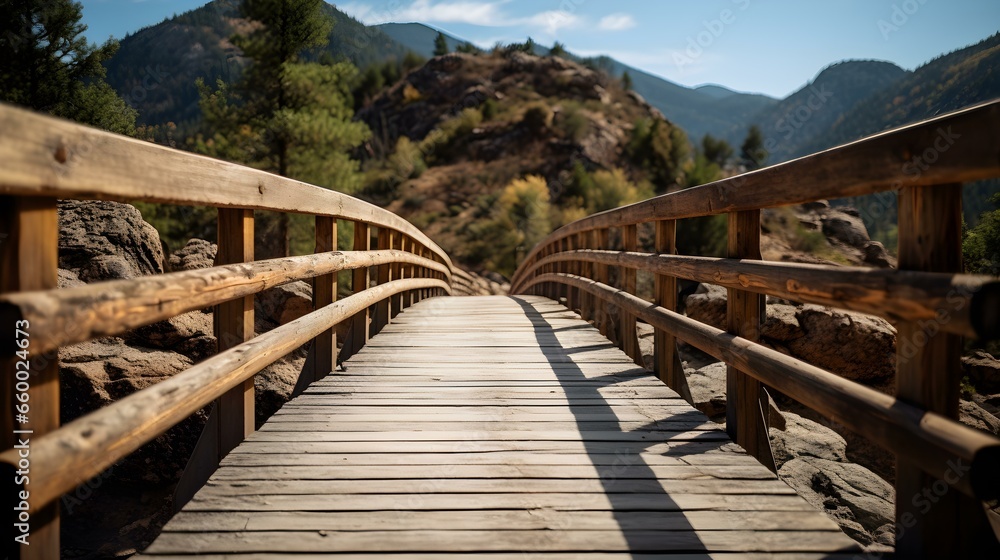 Close up of a wooden Bridge in the Mountains. Beautiful natural Background