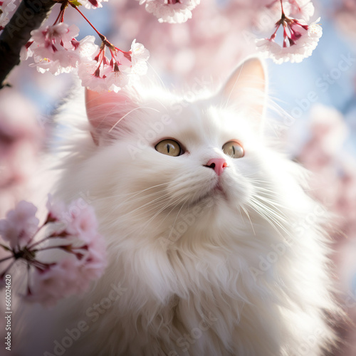 Cherry Blossom Gaze: A White Cat's Springtime Reverie