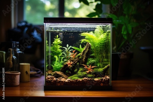 a small fish tank turned into a terrarium