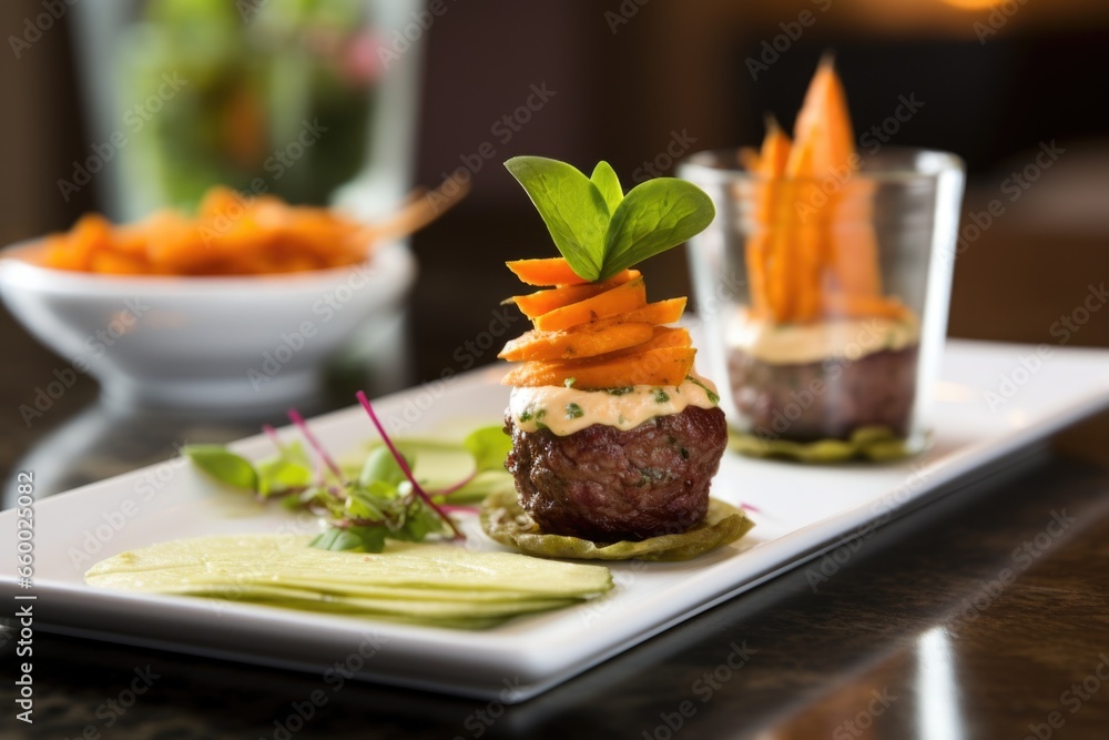 a mini hamburger with a side of sweet potato fries a mini hamburger with a side of sweet potato fries