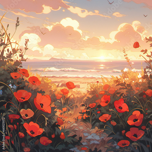 Serene Sunset: Poppies Overlooking the Beach,poppies in the sunset,flowers on the beach