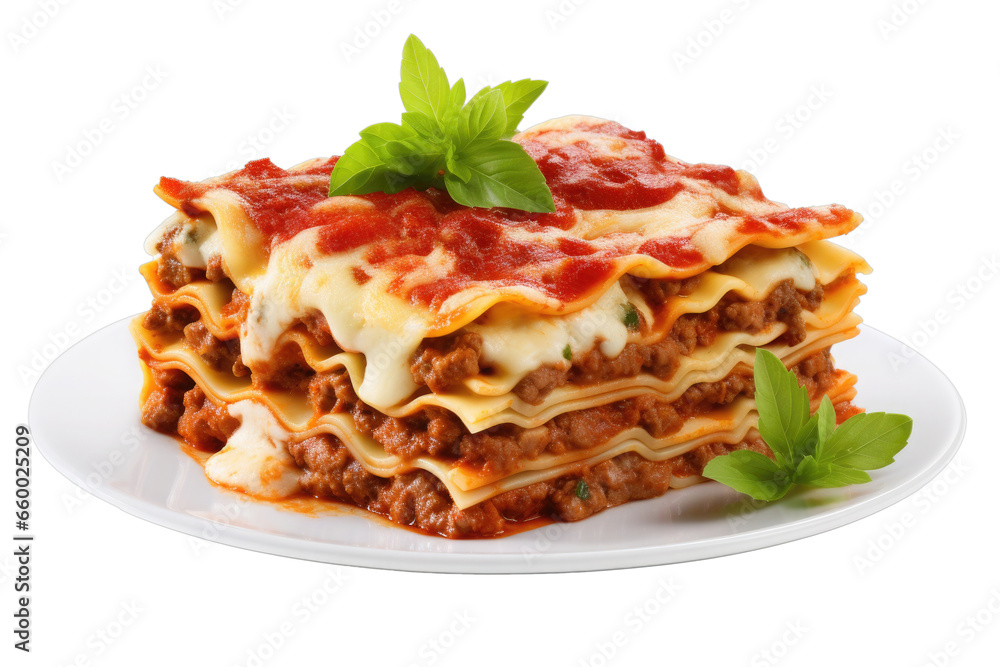 Lasagne isolated on white background. Piece of lasagna with bolognese sauce on plate. Italian cuisine Lasagne isolated on white background. Piece of lasagna with bolognese sauce on plate. Italian cuisine