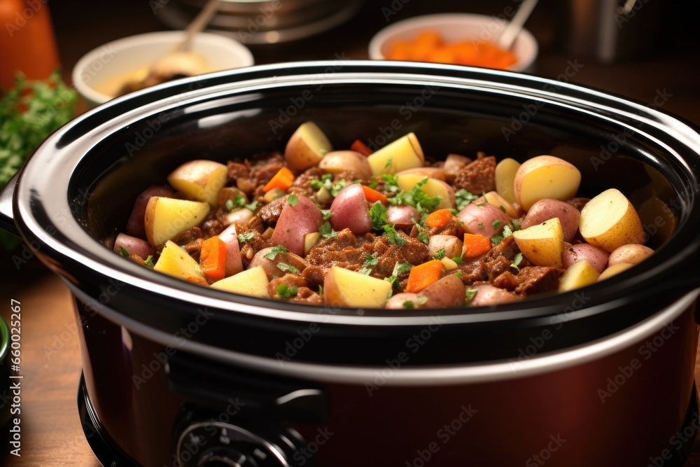 slow cooker with a hearty stew simmering inside slow cooker with a hearty stew simmering inside