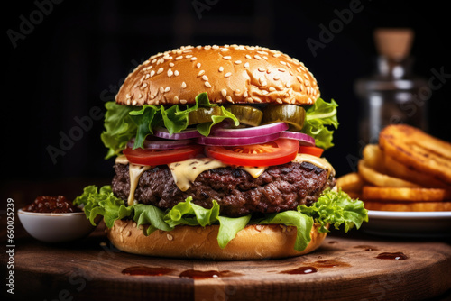 Delicious burger on a dark background. Hamburger with fried cutlet. Junk food