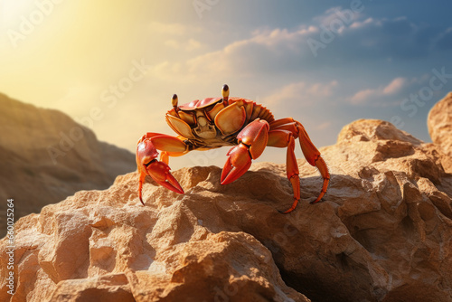 Red crab on stone with sea and mountains background © Lazy_Bear